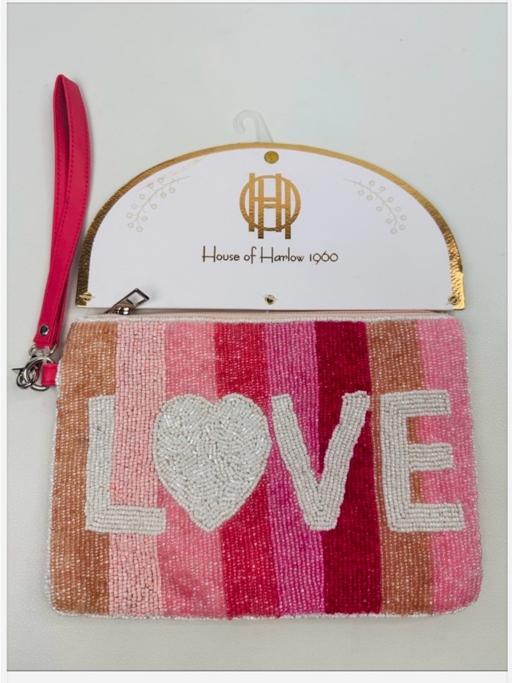 New “Love” House of Harlow Pjnk and Tode Beaded Pocketbook Wristlet Clutch
